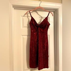 Women’s Small Bebe Red Sequence Dress, Adjustable Straps, With Side Slit, EUC